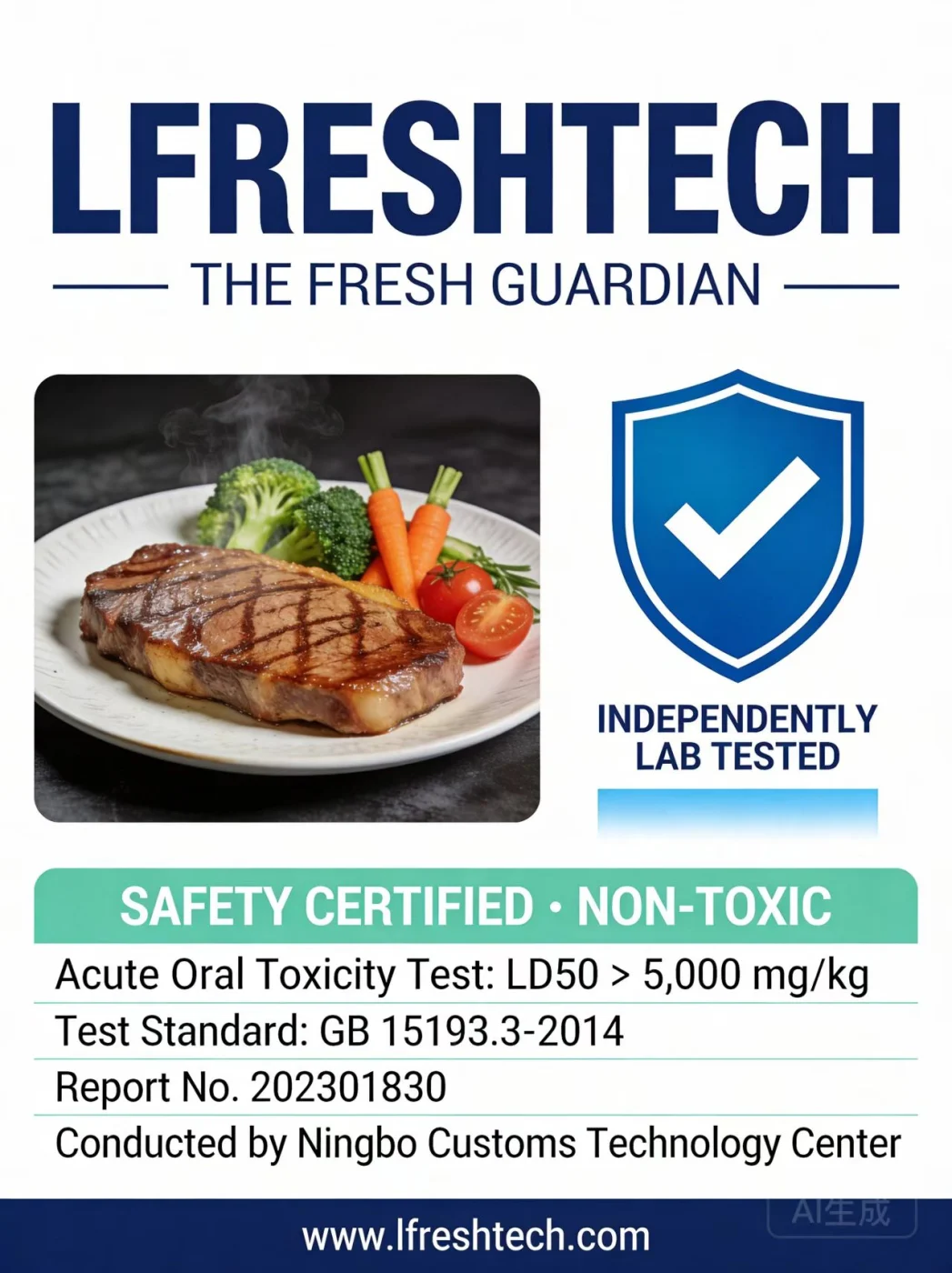 LFreshTech food safety certification summary showing independently tested, non-toxic flexible cooling material